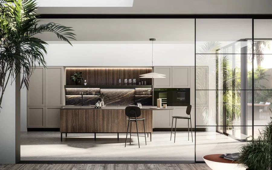 Alma modern kitchen — handleless cabinetry with wood grain finish